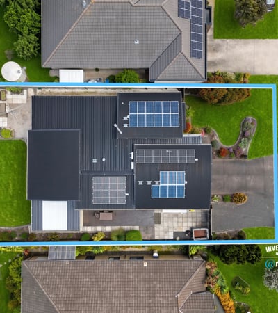 Spacious property featuring ample outdoor space and modern solar panel installation in a vibrant neighborhood.