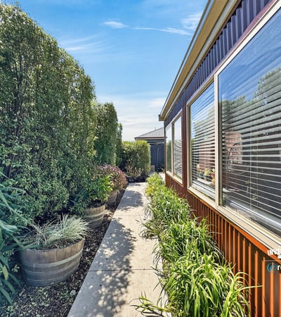 Discover a vibrant pathway lined with lush greenery, leading to inviting outdoor spaces and a welcoming atmosphere.