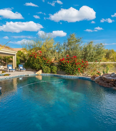 Scottsdale pool featuring a rock waterfall, lush plants, and desert landscaping, creating a peaceful outdoor setting.