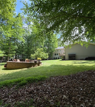 Spacious backyard surrounded by trees, perfect for outdoor gatherings and relaxation in a peaceful setting.