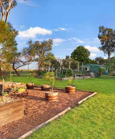 Spacious outdoor area featuring raised garden beds and scenic views, ideal for gardening enthusiasts and outdoor living.