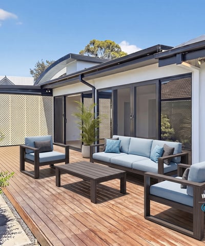 Spacious outdoor living area features modern seating and ample sunlight, perfect for relaxation and entertaining.