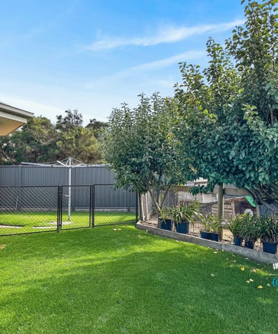 Spacious backyard featuring mature trees, lush grass, and ample room for gardening or outdoor activities.
