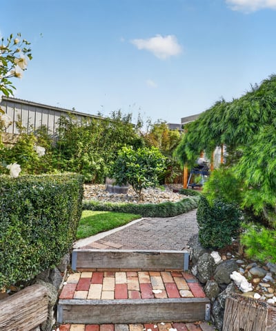 Discover a beautifully landscaped garden pathway surrounded by lush greenery and vibrant plant life.