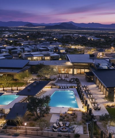 Overhead view of the community pool complex highlighting shaded seating, contemporary architecture, and serene desert surroundings in North Scottsdale.