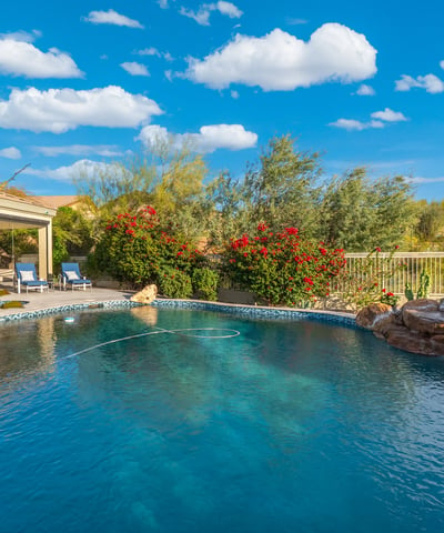 Scottsdale pool featuring a rock waterfall, lush plants, and desert landscaping, creating a peaceful outdoor setting.