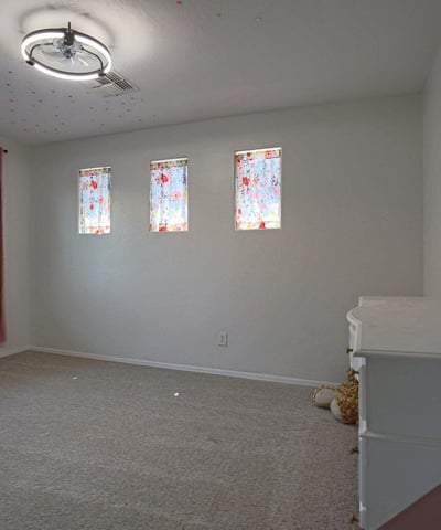 Bright secondary bedroom with plush carpeting, large windows, and flexible space for guests, children, or a dedicated home office in this move-in-ready Waddell property.