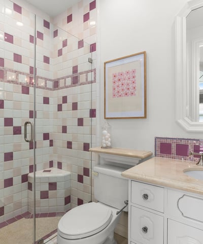 Bedroom 4-Private En-Suite Bath featuring a unique tile design, modern fixtures, and a spacious glass shower.