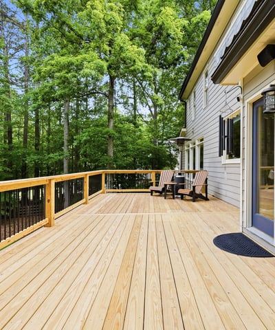 Spacious deck surrounded by lush greenery, perfect for outdoor gatherings and enjoying nature.