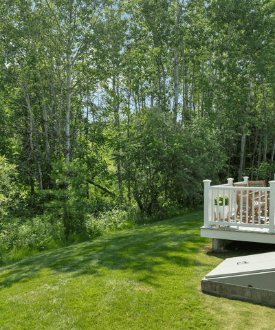Spacious backyard borders lush greenery, ideal for outdoor gatherings and peaceful retreats. Perfect for nature lovers!