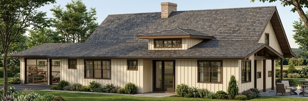 Seller-Drafted rendering of the front of the house, to sit on the property overlooking the pond