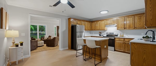 Kitchen with new quartz counter tops.