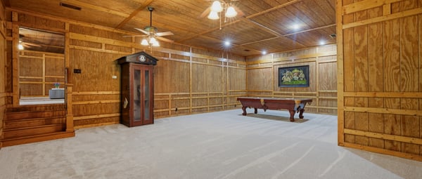Spacious, wood-paneled entertainment room features ample lighting, and new carpet.