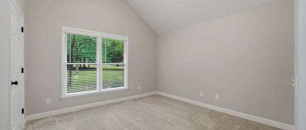 Spacious bedroom with vaulted ceiling.