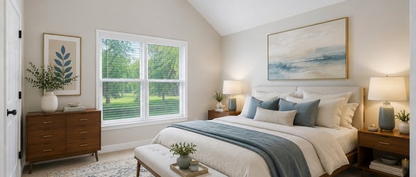 Virtually staged photo of bedroom with vaulted ceiling.