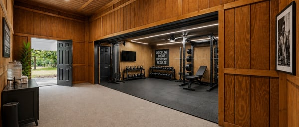 Virtually staged photo showing room as a workout area.