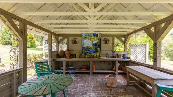 Spacious outdoor pavilion with artwork, ideal for gatherings and enjoying nature's beauty in a private setting.