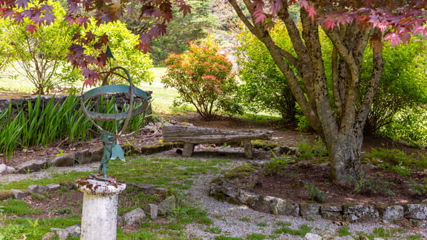 Lush garden with vibrant foliage, featuring a unique sculpture and winding pathways for a tranquil outdoor retreat.