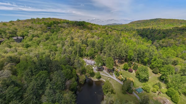 Nestled among lush greenery, this expansive property features a tranquil pond and scenic mountain views.