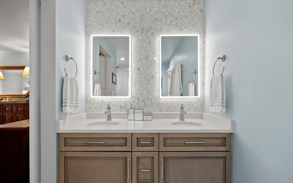 Primary bathroom's vanity area with double sink