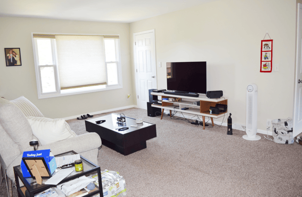 Apartment Living Room w/ storage closet, cordless shades & new carpet 2021 along w/ entrance stairway carpet