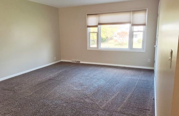 Apartment Living Room w/ storage closet, cordless shades & new carpet 2021 - empty view Fall 2025 before tenants