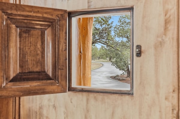Bright entryway showcasing a scenic view of the winding drive and surrounding landscape through a window.
