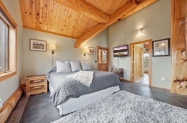 Spacious bedroom featuring vaulted ceilings, natural wood accents, and large windows that invite abundant light.