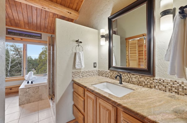 Bright primary bathroom featuring modern fixtures, a walk-in shower, a spacious soaking tub, a walk-in closet, and natural light from large windows.