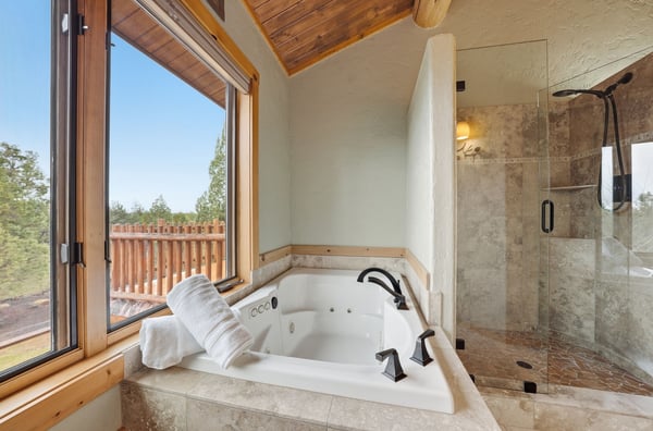 Bright primary bathroom featuring modern fixtures, a walk-in shower, a spacious soaking tub, a walk-in closet, and natural light from large windows.