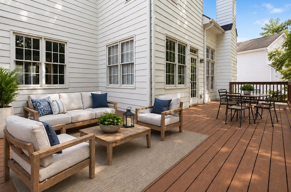 Enjoy outdoor living on this spacious deck, perfect for gatherings or relaxing evenings under the sky. (Virtual Staging)