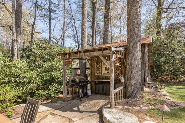 Discover a unique outdoor entertainment space featuring a rustic grill area nestled among mature trees.