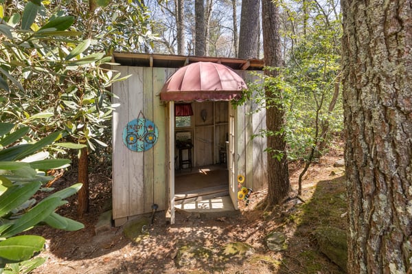 This unique outdoor retreat features a cozy shed surrounded by lush greenery, perfect for a creative escape.