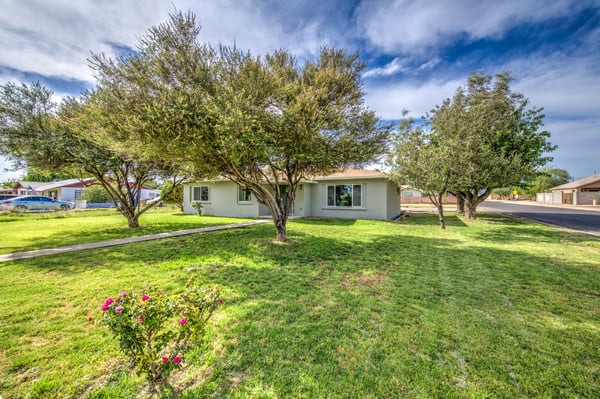A spacious grassy front yard accented by mature shade trees creates a peaceful setting while highlighting the home's refreshed exterior and inviting design.
