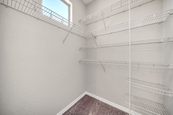 Generous walk-in closet with multiple shelving levels and hanging space offers practical organization and additional storage. A desirable feature that enhances the guest suite.