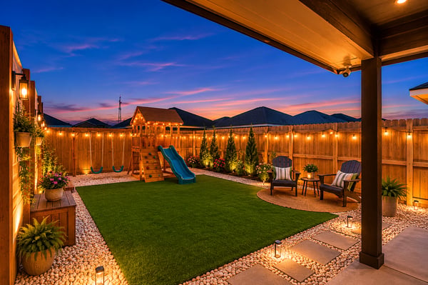 Discover a vibrant backyard oasis, perfect for family gatherings and outdoor play under the Texas stars.