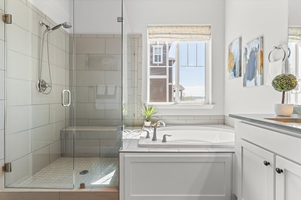 Bright and modern bathroom featuring a spacious shower, soaking tub, and abundant natural light.