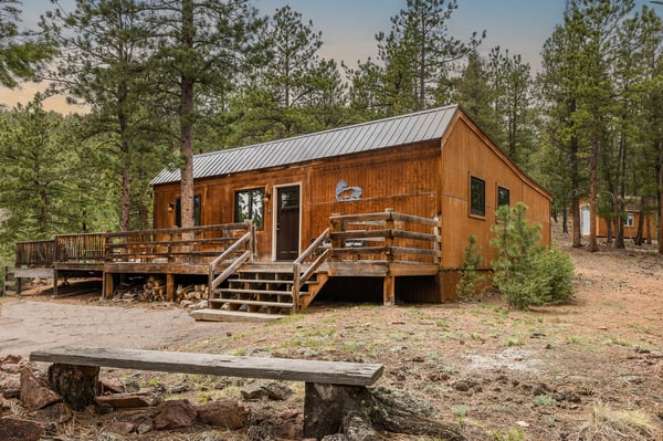 Quaint cabin surrounded by tall pines, featuring a spacious deck and inviting outdoor space for relaxation.