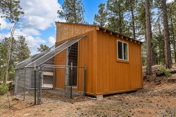Cozy wooden outbuilding with a fenced yard, perfect for a hobbyist or as a pet retreat.