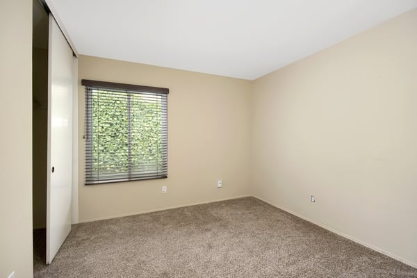 Bright and spacious room featuring neutral tones, cozy carpet, and window views of lush greenery.