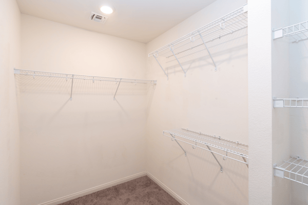 Spacious walk-in closet featuring ample shelving for organized storage and easy accessibility.