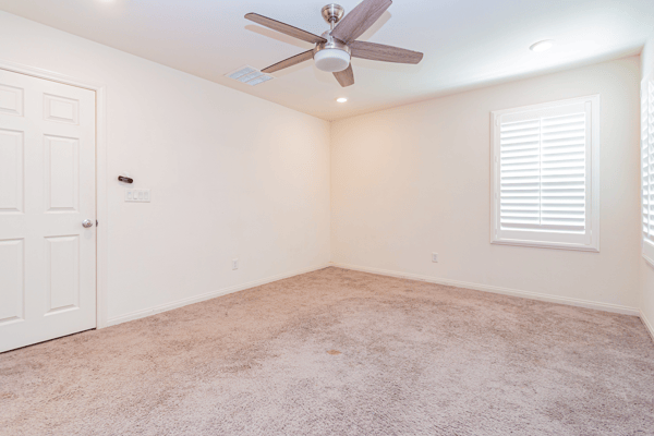 Spacious and light-filled room with carpeted flooring and practical ceiling fan, ready for personalization.