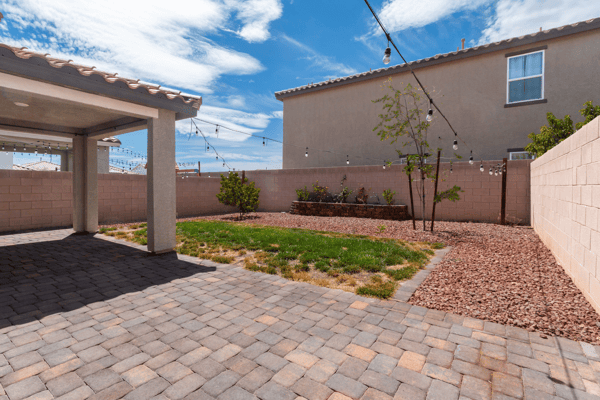 Discover a spacious backyard with a paver patio, decorative plants, and overhead string lights