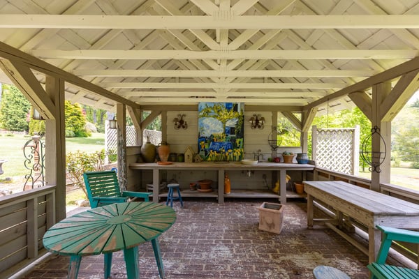 Spacious outdoor pavilion with artwork, ideal for gatherings and enjoying nature's beauty in a private setting.