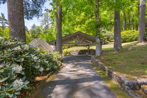 Private driveway leads to a spacious carport nestled among lush trees and vibrant landscaping.
