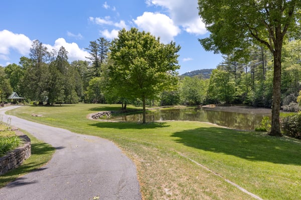 Spacious lot with scenic pond views, lush greenery, and well-maintained pathways, perfect for outdoor activities.