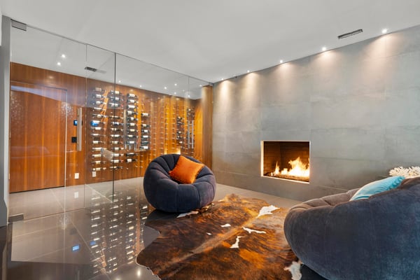 Contemporary living space featuring a sleek glass wall, modern fireplace, and distinctive wine display.