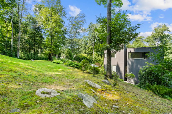 Nestled in nature, this contemporary home features spacious grounds and abundant greenery for outdoor enthusiasts.