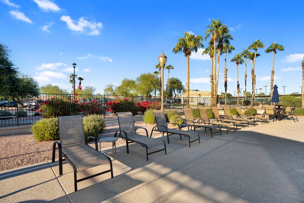 Enjoy resort-style lounging with shaded seating, palm-lined landscaping, and easy access to community recreational amenities. A perfect setting for outdoor enjoyment.