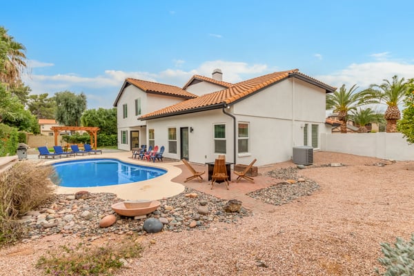Large backyard retreat featuring a private pool, desert-inspired landscaping, multiple seating areas, and generous outdoor living space. A sought-after Scottsdale amenity package.